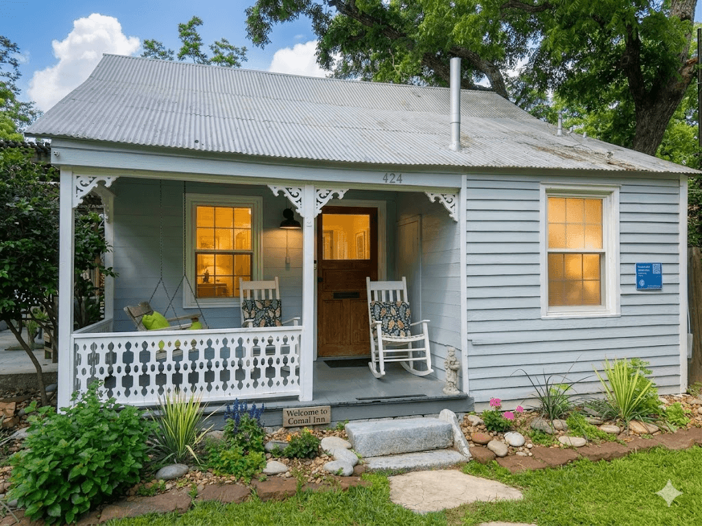 Welcome to Comal Inn sign on charming blue cottage with white gingerbread trim, rocking chairs, and lush garden
