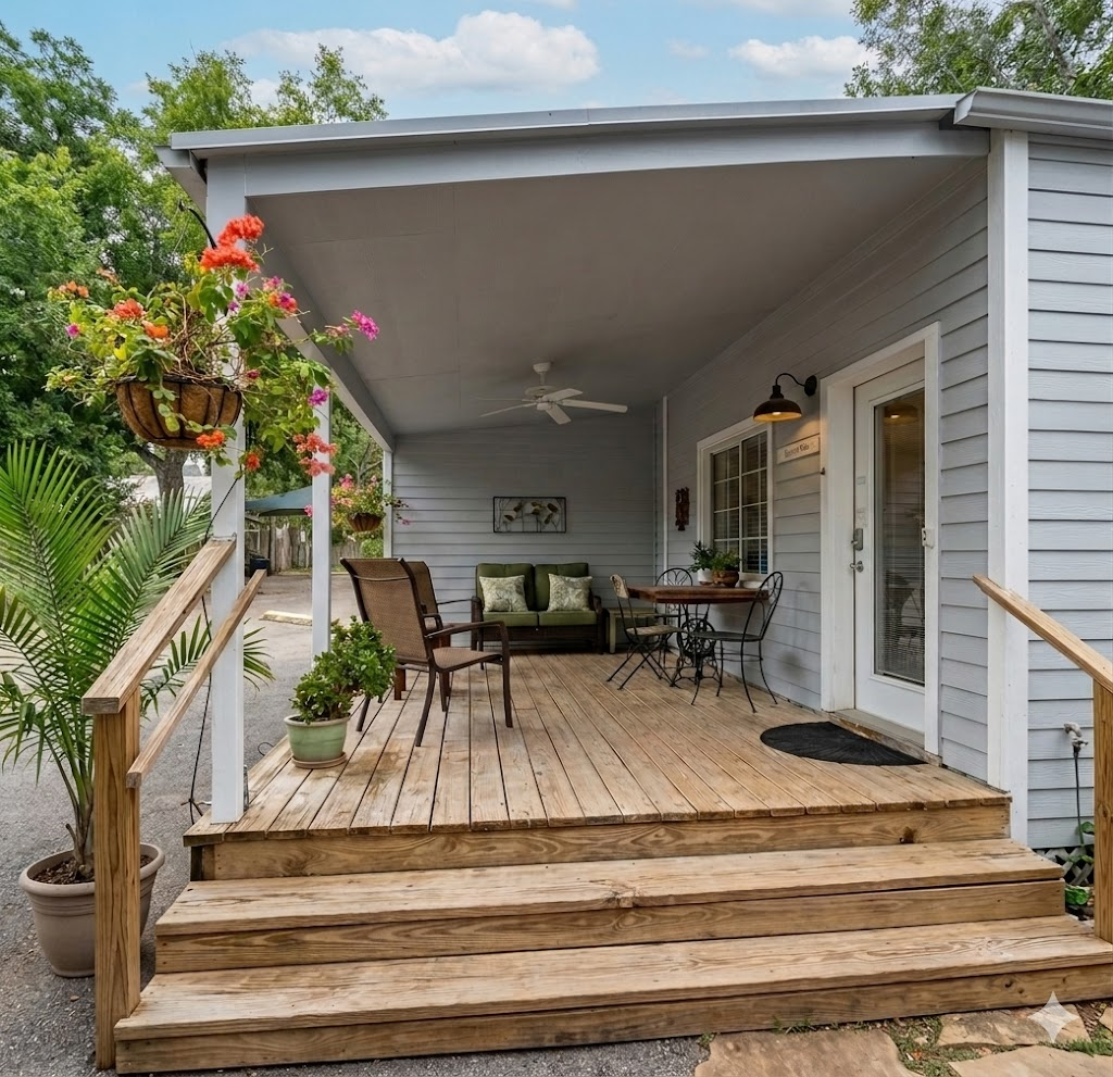 Cypress cottage covered patio with ceiling fan, green sofa, rocking chairs, and colorful hanging flower baskets